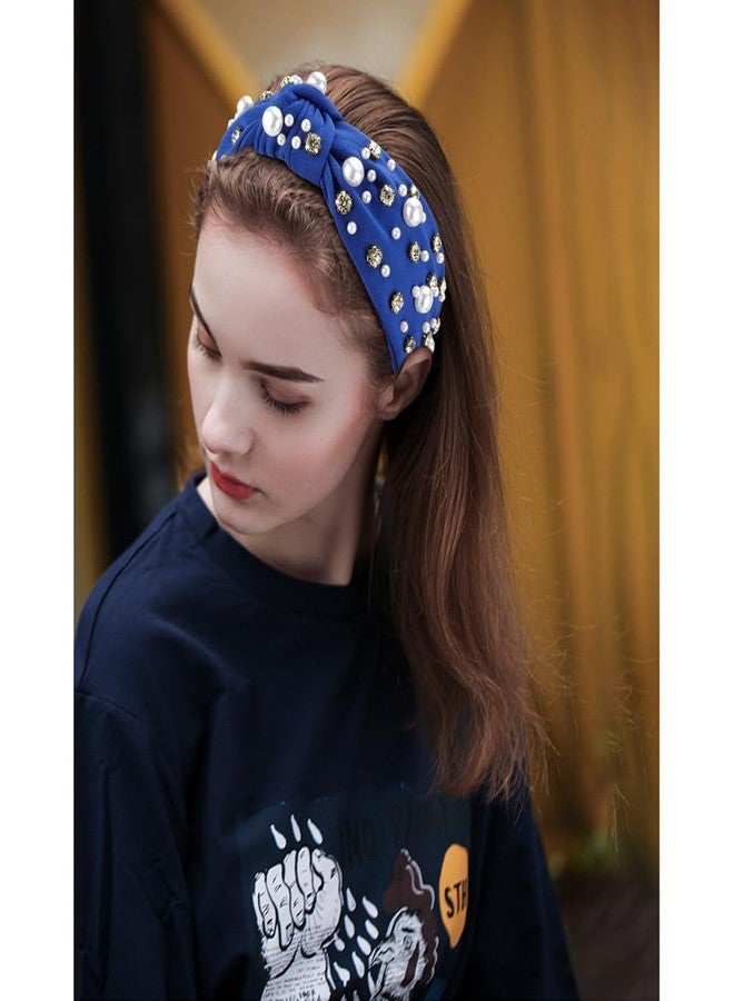 Atoden Knotted Headbands with Pearl Rhinestone Royal Blue Headband Wide Top Knot Headbands Beaded Crystal Jeweled Head Bands Embellished Sparkly Hair Bands Hair Accessories for Women Girls - Image 4